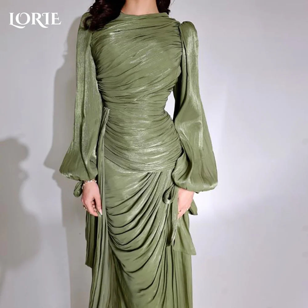 LORIE Modest Crepe Evening Dress Pleats Puff Long Sleeve Floor Length Prom Dresses Ruched Illsion Arabia Party Gowns Customized