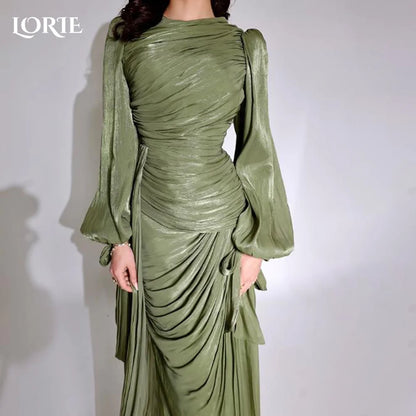 LORIE Modest Crepe Evening Dress Pleats Puff Long Sleeve Floor Length Prom Dresses Ruched Illsion Arabia Party Gowns Customized