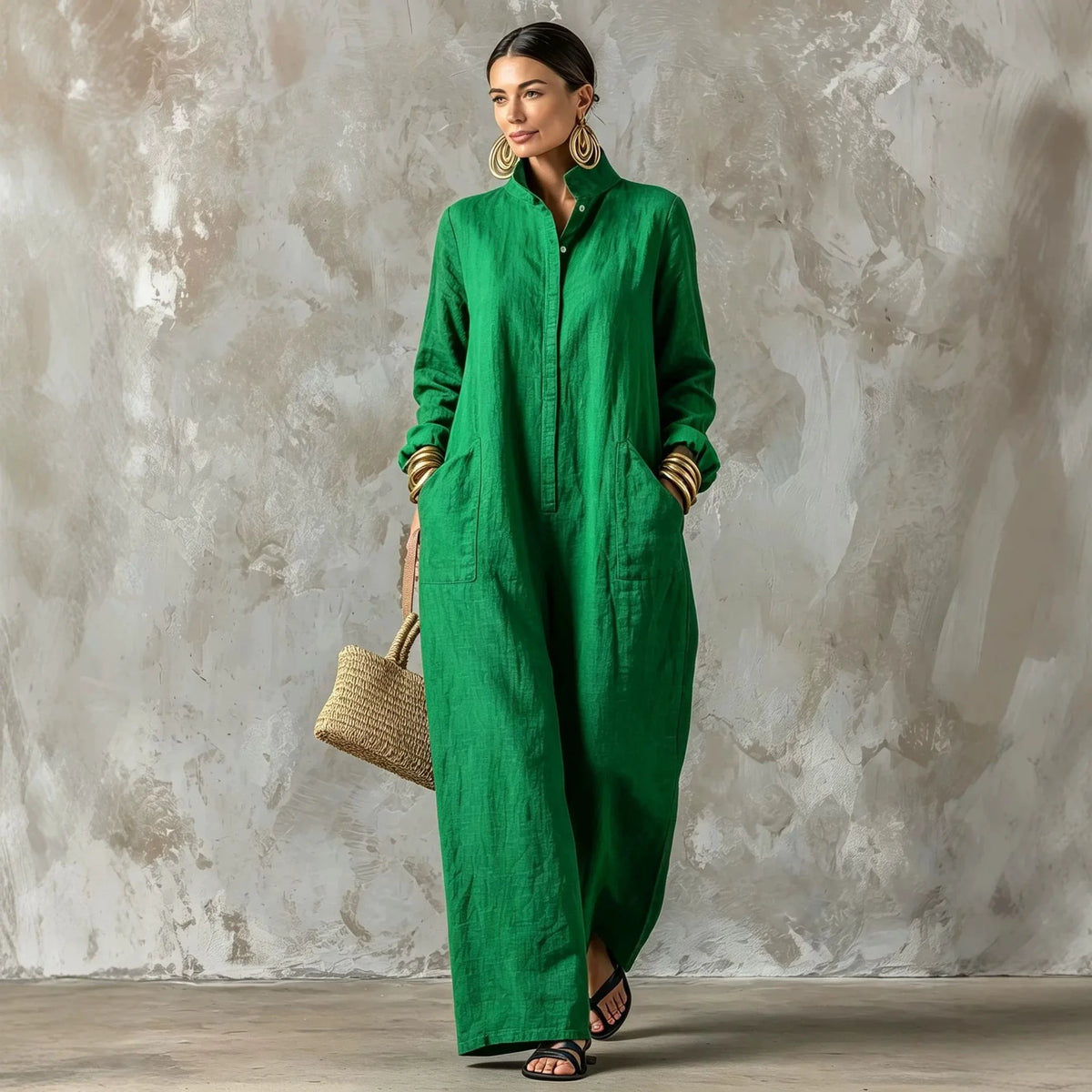 Women's Spring Autumn Long Sleeved Jumpsuit With Pockets Simple Solid Button Half Open Design Loose Jumpsuits Ladies Casual Wear