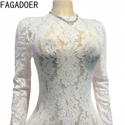 FAGADOER Fashion Floral Lace Bodycon Jumpsuits 2026 Women Sexy White See Through Long Sleeves Rompers Night Party Club Playsuits