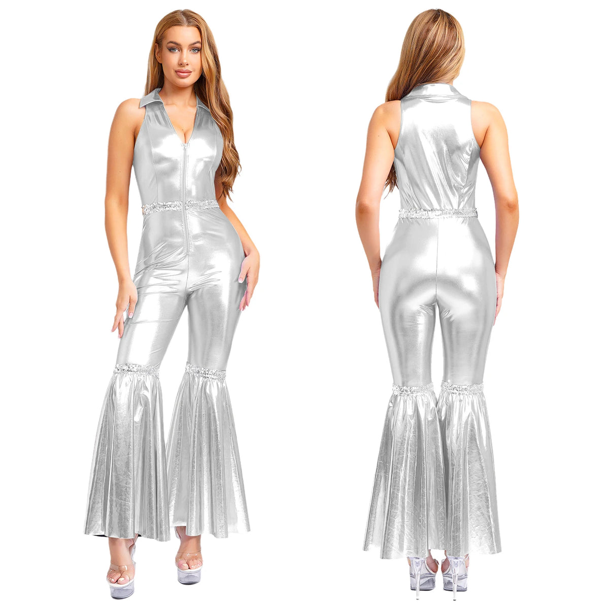Women Vintage One Piece 70s Disco Dance Rompers Sleeveless Metallic Bell Bottom Flared Pants Jumpsuit for Retro Party Jazz Dance