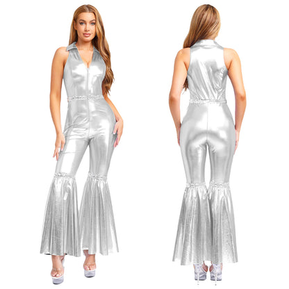 Womens Vintage 70s 80s Disco Dance Jumpsuit Sequin Tassels One Shoulder Hippie Bell Bottom Bodysuit Metallic Shiny Jazz Rompers
