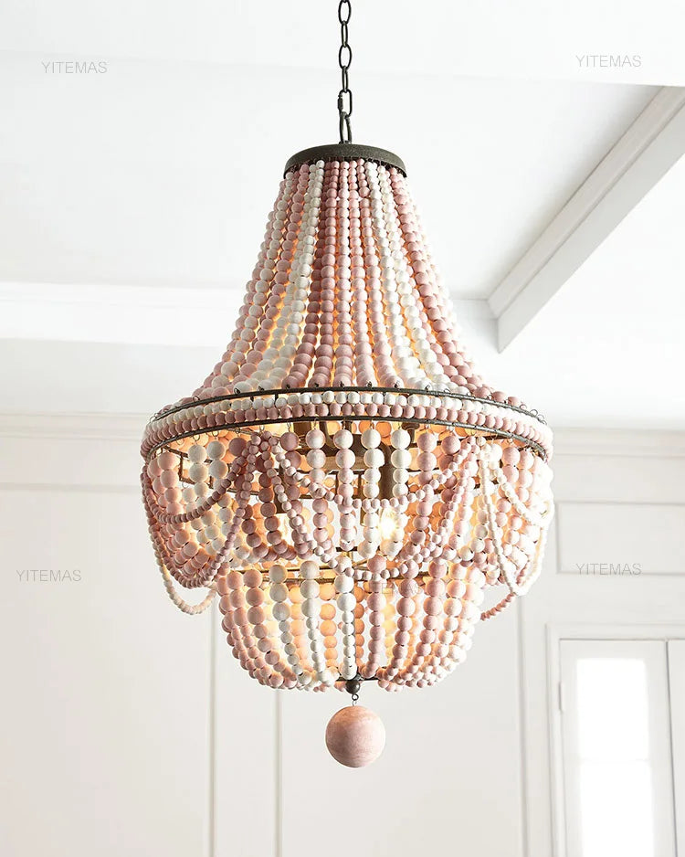 Blue Grey Wooden Beads 8 Lights Chandeliers For Foyers Vintage White Chandelier Lighting Bedroom Living Room Boho Pendant Light