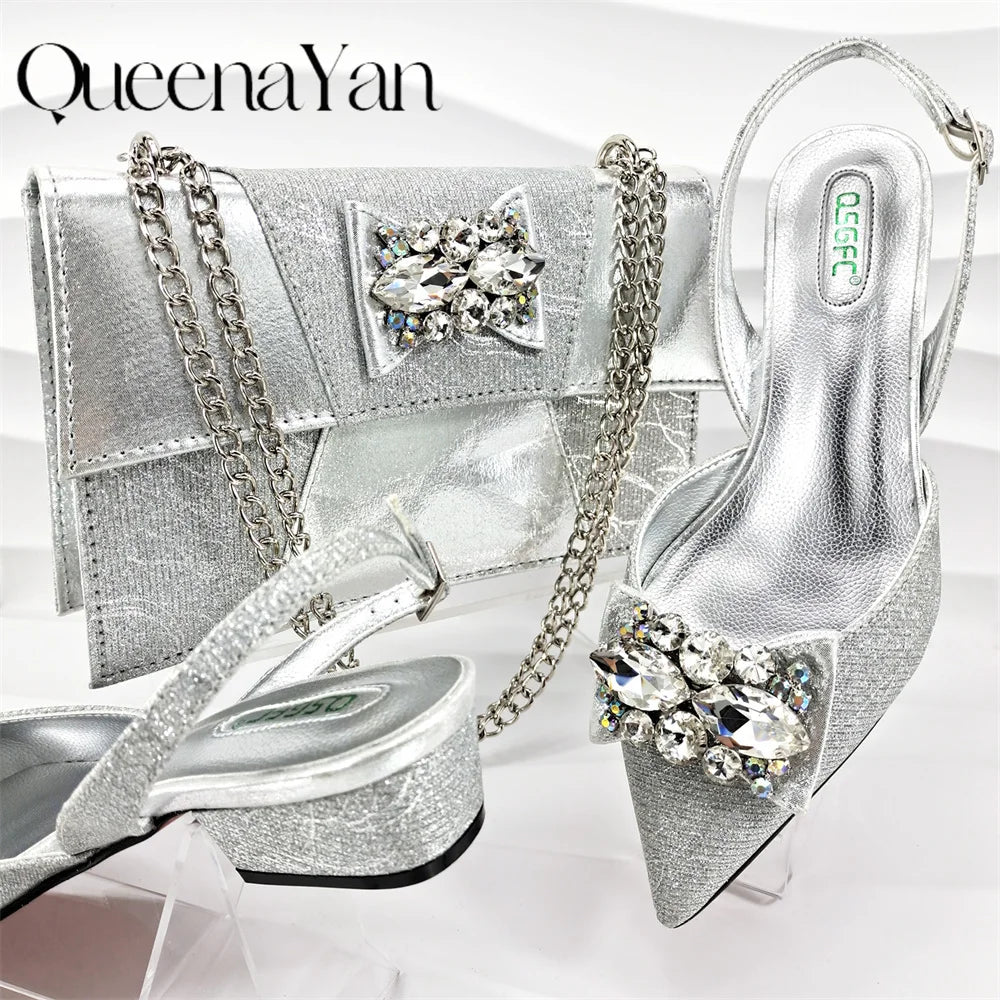 Banquet  Women's Shoes And Bag Light and Comfortable Shoes Rhinestones Embellished with The Same Fine Handbag Low Heel Shoes