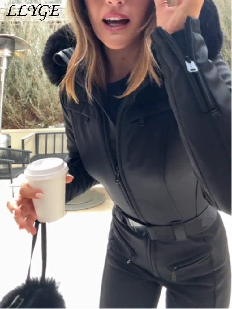 Chic Hooded One Piece Women's Winter Ski Suits Belt Stand Collar High Waist Pockets Overall Jumpsuits 2026 New Lady Warm Skiwear