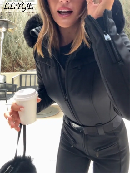 Chic Hooded One Piece Women's Winter Ski Suits Belt Stand Collar High Waist Pockets Overall Jumpsuits 2026 New Lady Warm Skiwear