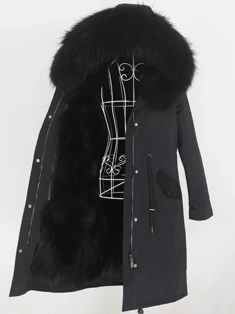 Real Fur Coat Winter Jacket Women Long Parka Waterproof Big Natural Raccoon Fur Collar Hood Thick Warm Real Fox Fur Liner coat