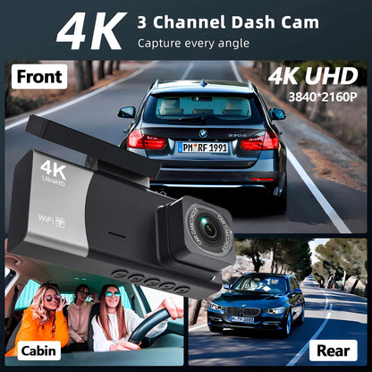 3 Channel 4K 2160P Dash Cam Car Front Inside And Rear WiFi Car Camera With APP Control Night Vision 24H Parking Mode Dashcam