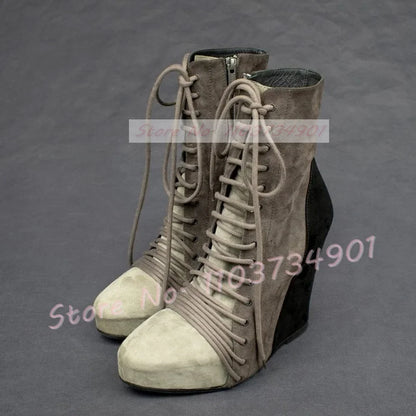 Patchwork Wedge Platform Ankle Boots Women Fashion Round Toe Front Lace Up Shoes Ladies Punk Chic Zipper Suede Cross Tied Boots