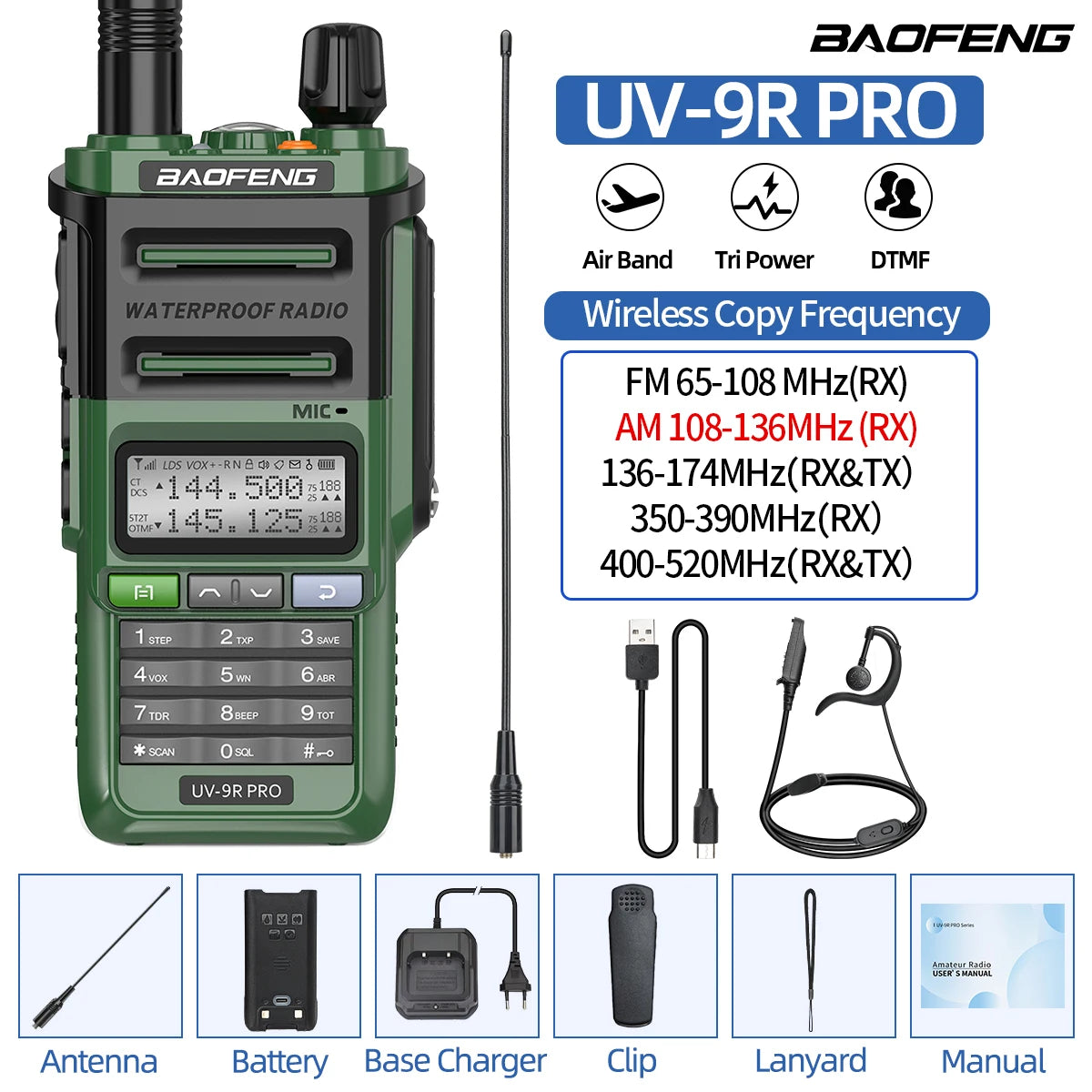 Baofeng UV-9R PRO Walkie Talkie IP68 Waterproof Full Band Wireless Copy Frequency 128CH AM FM Type-C Long Range Two Way Radio