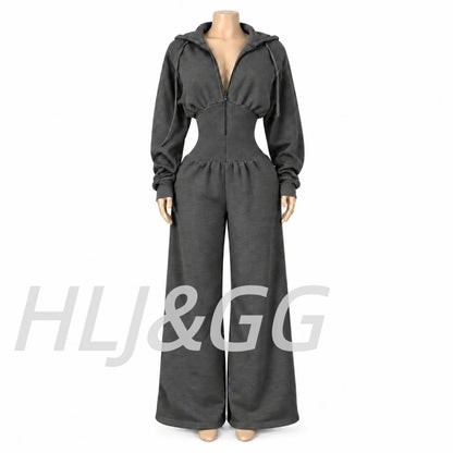 HLJ&GG Autumn Light Fleece Hooded Wine Leg Pants One Piece Jumpsuits Women Zipper Long Sleeve High Waist Sweat Sport Sportswears