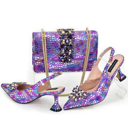 Women Nigerian Italian Shoes and Bags Set with Rhinestone Shoe and Bag Set for Nigeria Party Italy Crystal Butterfly-knot Shoes
