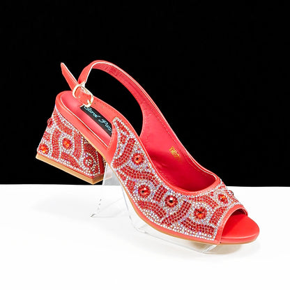 QSGFC 2024 Rhinestone Design INS Hot Sale New Arrivals African Shoes and Bag Set in Green Color Open Toe Comfortable Women Heels