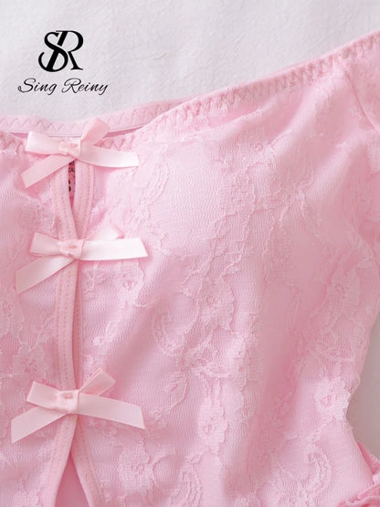 SINGREINY Off Shoulder Hotsweet Sexy Bodysuits Women Long Sleeves Ruffles Sweet Rompers Hollow Out Floral Lace Pink Playsuits