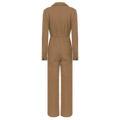 Womens Fashion Work Coverall Rompers Casual Solid Color Turn-Down Collar Long Sleeve Button Jumpsuit Travel Holiday Cargo Pants