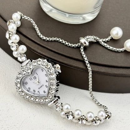 Elegant Heart-Shaped Watch with Double-Row Diamond Pearl Bracelet & Drawstring Closure