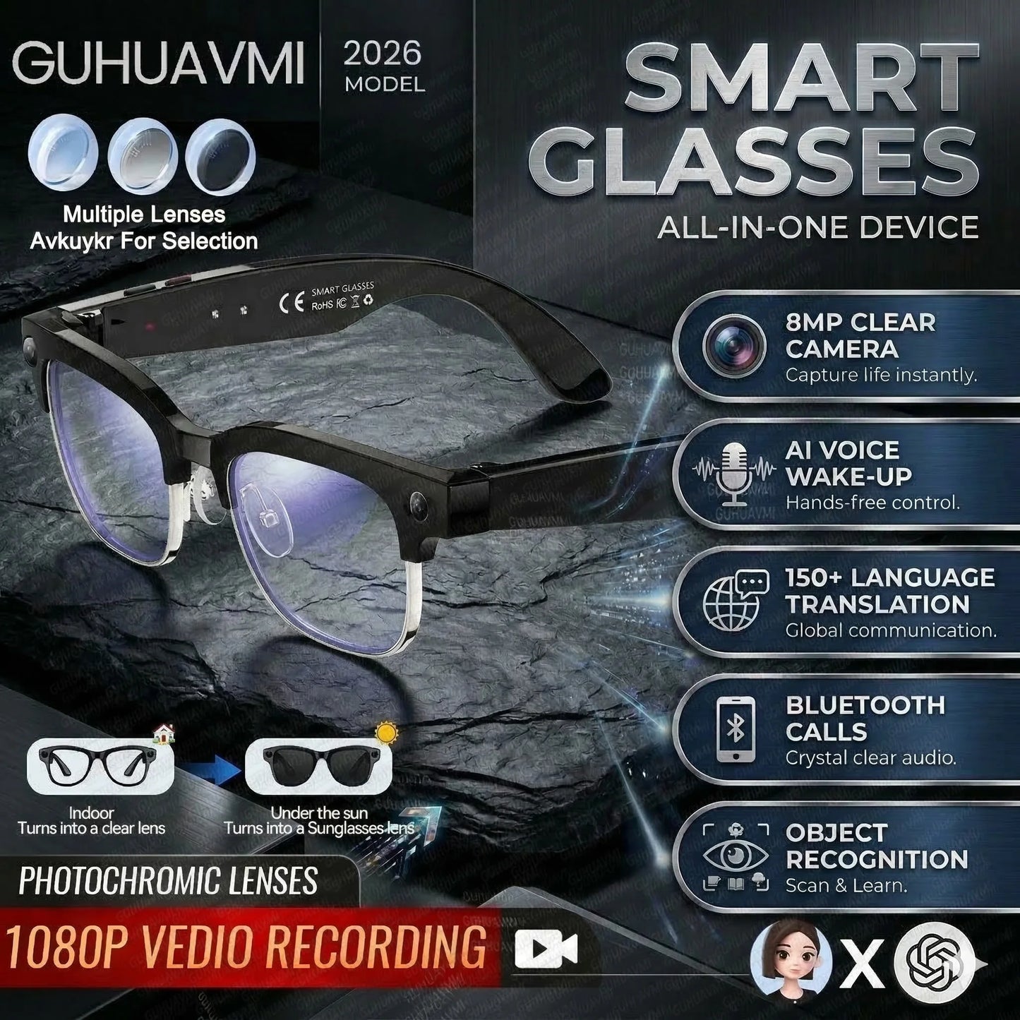 2026 New AI Smart Glasses with Camera 4K EIS Anti-Shake Video&Photo Capture Real-Time Translation Recording Glasses Photochromic