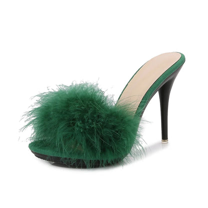 10CM Thin High Heel Summer Furry Slippers For Ladies Mules Fashion Fluffy Fur Slides Sandals 2025 New Brand Women's Party Shoes