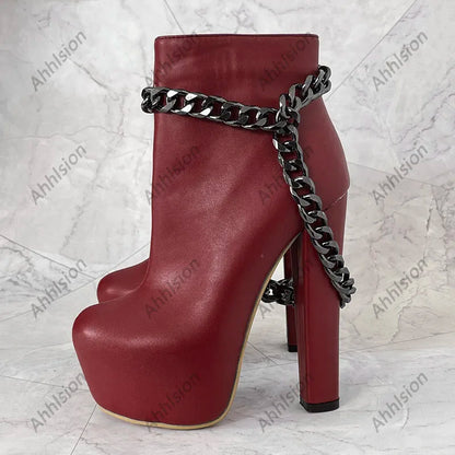 Ahhlsion New Women Winter Ankle Boots Platform Chunky Heels Chain Round Toe Pretty Blue Party Shoes Ladies US Plus Size 5-20
