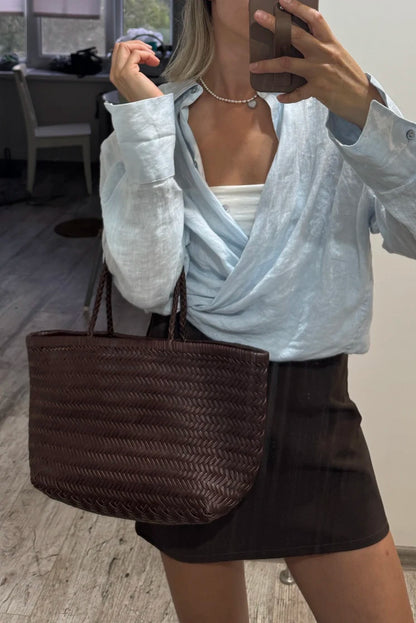 Handbags Women's Genuine Leather Shoulder Bag Weaving Casual Shopping Bag Vintage Big Tote Purse Cowhide Cross Hand Bags Lady
