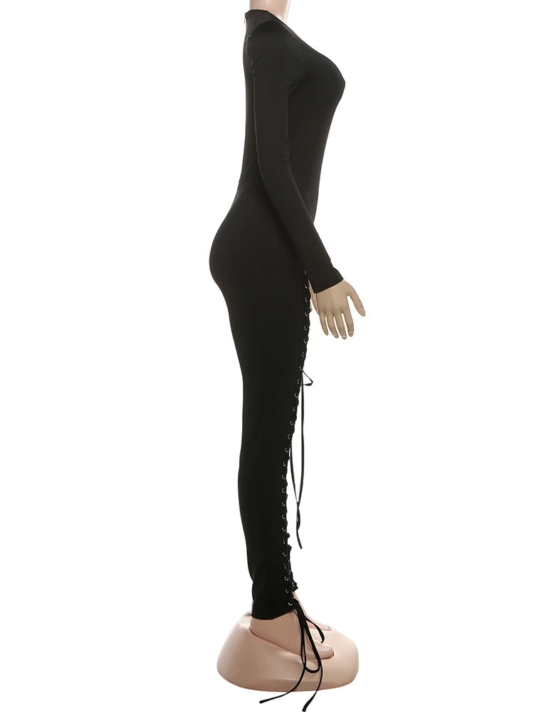 Sisterlinda Sexy Fashion Jumpsuits Woman o-Neck Full Sleeve Shirring Hollow Skinny Peach Hip Hot Girls Midnight Party Clubwear