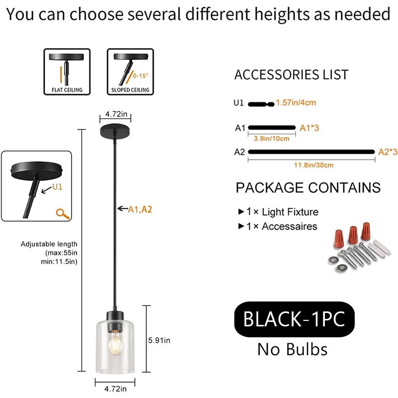 Modern Industrial Pendant Lamp Glass Hanging Adjustable Height Kitchen Dining Room Bedroom Bedside Bathroom Decor Lights
