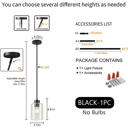 Modern Industrial Pendant Lamp Glass Hanging Adjustable Height Kitchen Dining Room Bedroom Bedside Bathroom Decor Lights