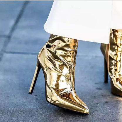 Design Ankle Boots Women Fashion Zipper Pointed  High Heels Gold Silver Patent Leather Short Booties Shoes Catwalk Shoes