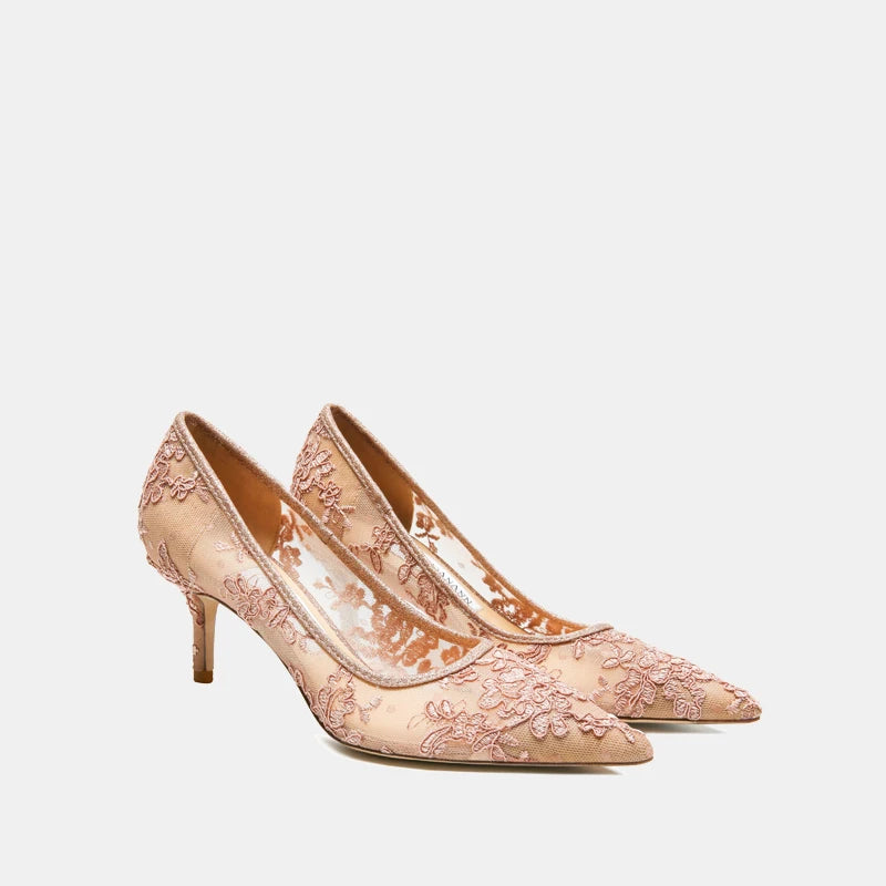 Women heels 2025 pink mesh lace Women's elegant high heels Luxury Brand Shallow Pointed Toe Sexy Pumps Ladies Prom Shoes Women