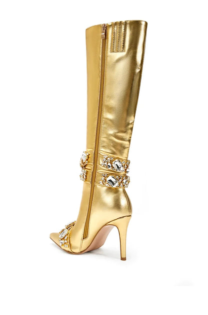 2025 Women's New Pointed Gold Crystal Buckle High Heel Slim Fit Boots Straight Tube Diamond Decoration Knee Long Boots 44
