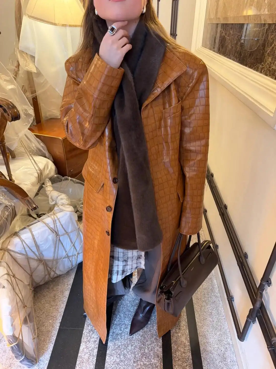Women Brown Croc Embossed Faux Leather Maxi Trench Coat Lapel Single Breasted Straight Long Front Pockets Vintage Autumn Winter