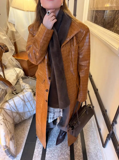 Women Brown Croc Embossed Faux Leather Maxi Trench Coat Lapel Single Breasted Straight Long Front Pockets Vintage Autumn Winter