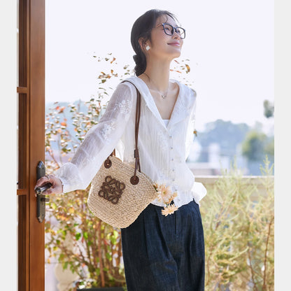 VIMLY Women's White Hooded Jacket 2026 Spring Autumn Smocked Cuff Embroidered Outerwear Casual Female Sheer Top Woman  A0796