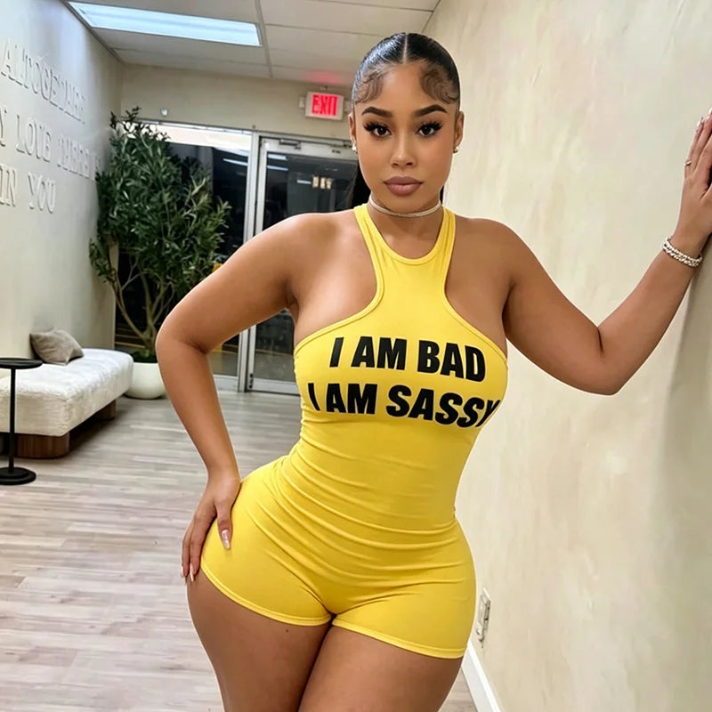 Letter offset printing sleeveless tight hanging neck strapless vest jumpsuit shorts