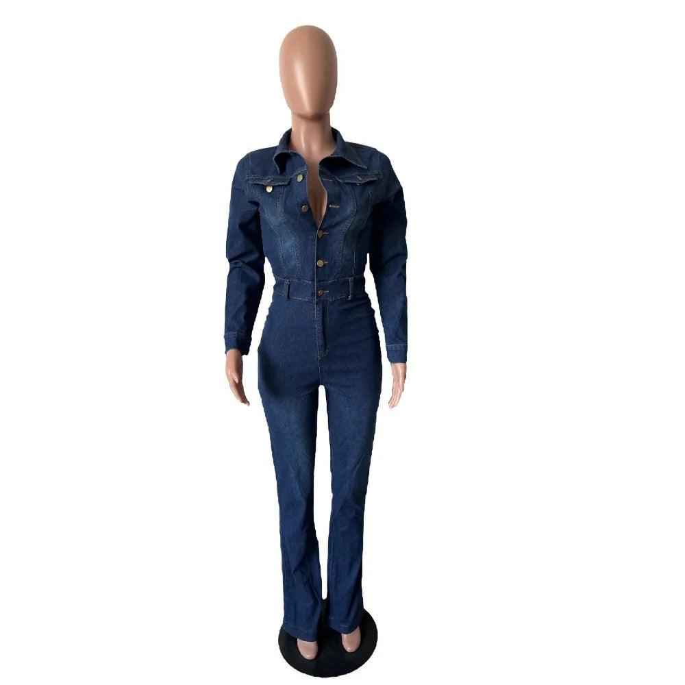 FAGADOER Fashion Denim Elastic Flared Pants Jumpsuits Women Turndown Collar Button Long Sleeve Playsuits Female Cowboy Overalls