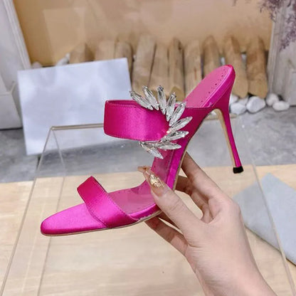 2025 Newest Rhinestone Sandals Woman Open Toe Pink Puple Luxury Satin High Heels Lady Sexy Muller Slippers