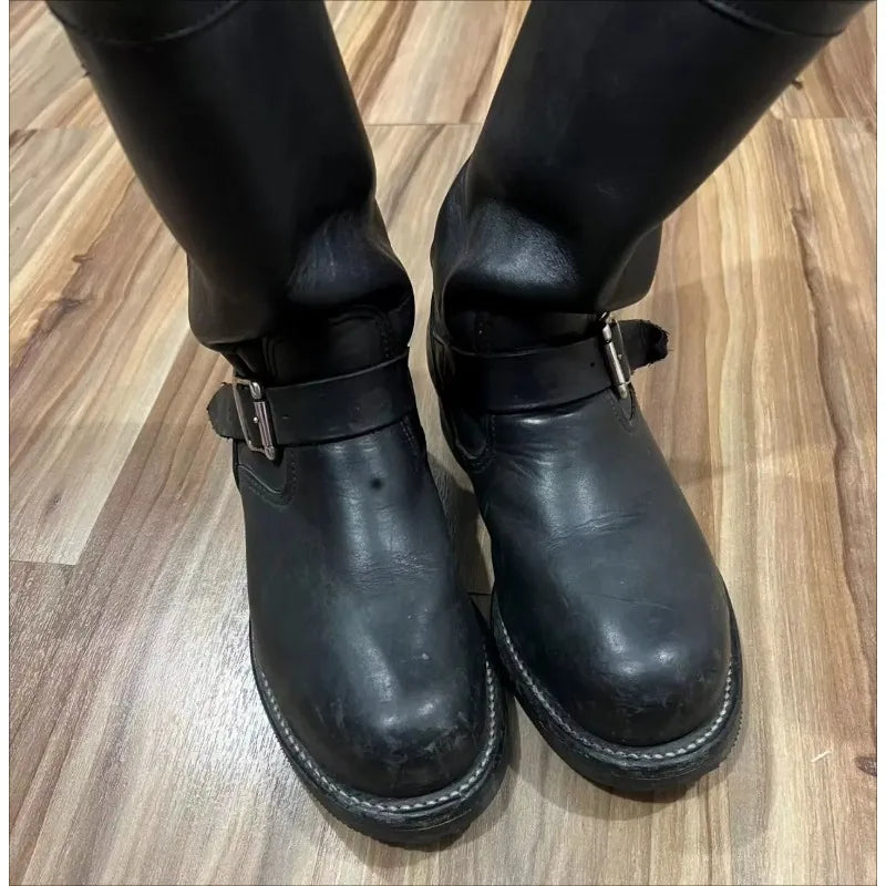 Handmade Vintage Velvet Khaki Work Boots Men's American Style Mid-Calf Retro Thick Bottom Belt Buckle Motor Vehicle Engineeri