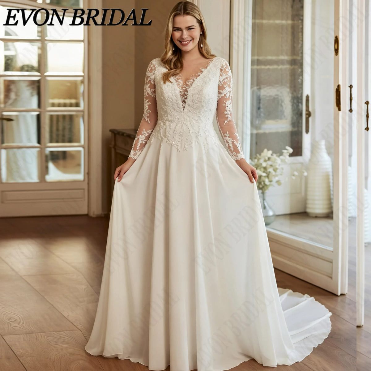 EVON BRIDAL Customized V-Neck Long Sleeve Wedding Dress Plus Size Lace Appliques Chiffon Bride Dresses A-Line Bridal Gown