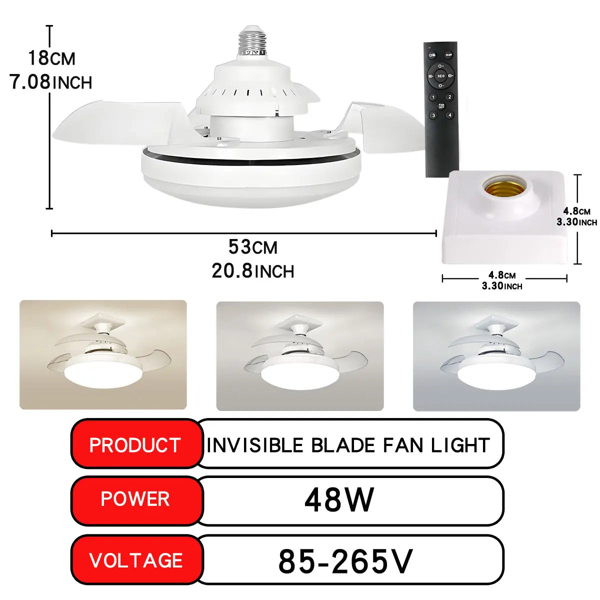 Three-Color Dimming LED E27 Ceiling Fan Lights with Remote Control Silent Dimmable Invisible Fan Light for Living Room Bedroom