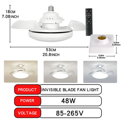 Three-Color Dimming LED E27 Ceiling Fan Lights with Remote Control Silent Dimmable Invisible Fan Light for Living Room Bedroom