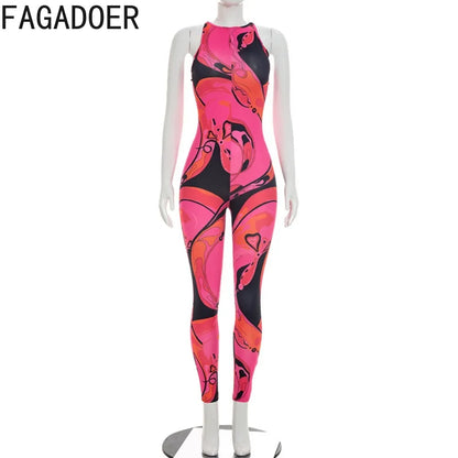 FAGADOER Fashion Rose Red Print Bodycon Jumpsuits Sexy Color Patchwork Off Shoulder Zipper Rompers Streetwear Club Playsuits New