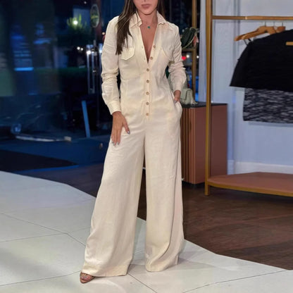 Women Jumpsuit Solid Rompers Button Pocket Turn Down V Collar Long Sleeve Single Breasted Wide Leg Pant Loose Casual 2025 Autnmn