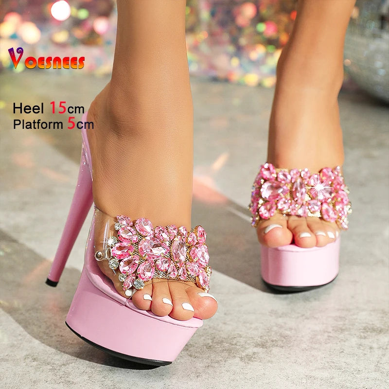 Luxury Rhinestones Transparent Slippers Women Platform Thin High Heels Model Catwalk Sandals 15CM Summer Night Club Stage Shoes