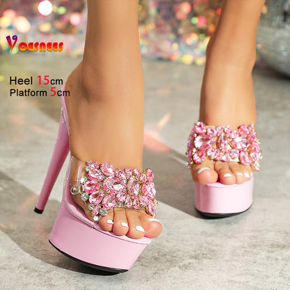Luxury Rhinestones Transparent Slippers Women Platform Thin High Heels Model Catwalk Sandals 15CM Summer Night Club Stage Shoes