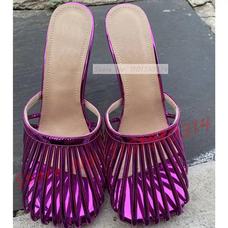 Cage Round Toe Metallic Mules Women New In Sexy Luxury High Heel Shoes Female Thin Strap 2023 Summer Elegant Chic Solid Slippers
