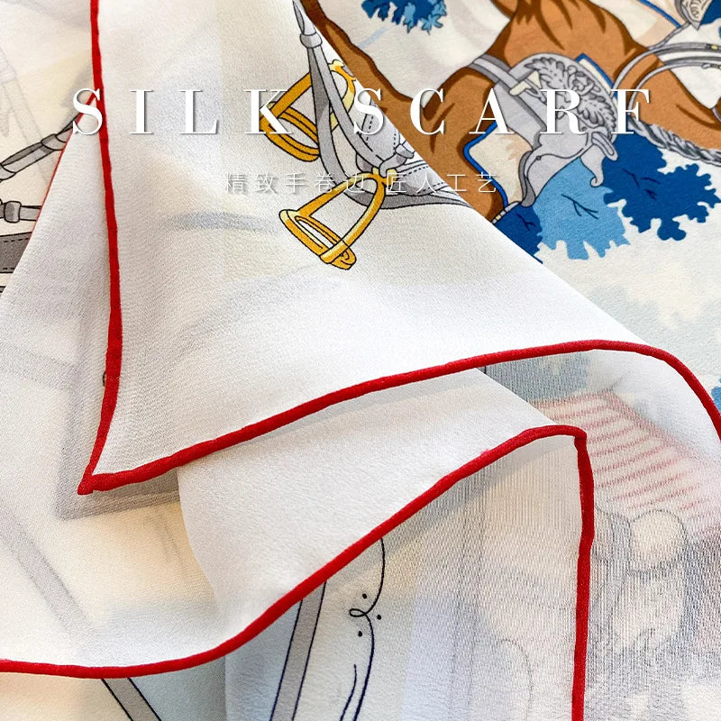 100% Mulberry Silk Square Scarf Vintage Equestrian Horse Saddle Print Bandana Unisex Neck Head Wrap Office Travel Holiday Gift