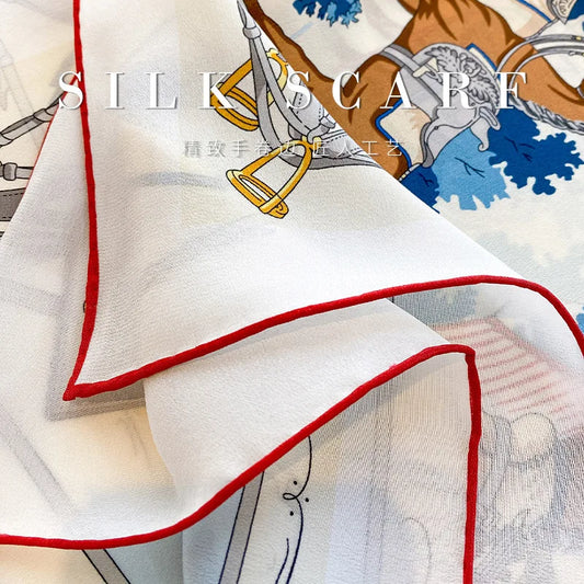100% Mulberry Silk Square Scarf Vintage Equestrian Horse Saddle Print Bandana Unisex Neck Head Wrap Office Travel Holiday Gift