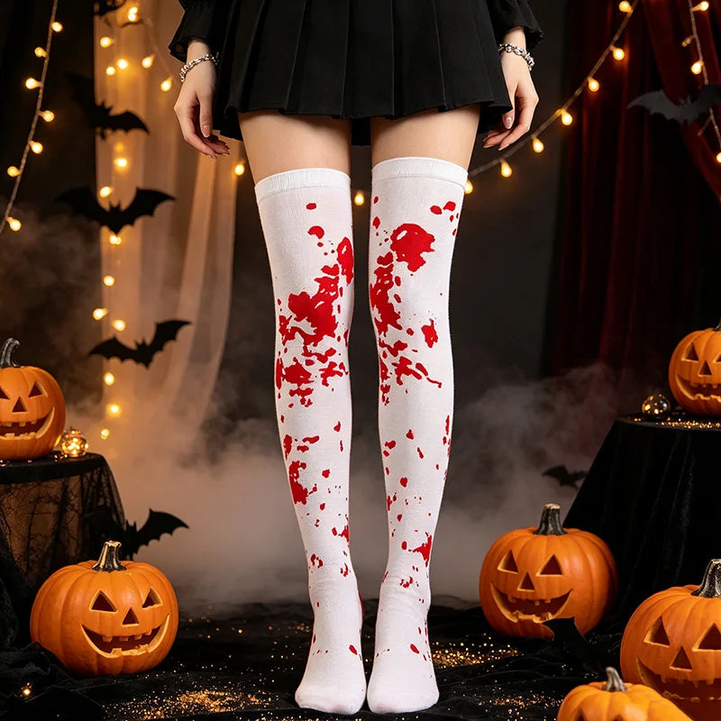 Women Halloween Socks Thigh High Stockings for Girls Black White Over Above Long Knee Sock Funny Cosplay Harajuku