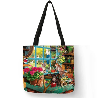 Oil Painting Cat Print Womens Designer Tote Bags Linen Reusable Shopping Bag For Groceries Shoulder Bags for Lady