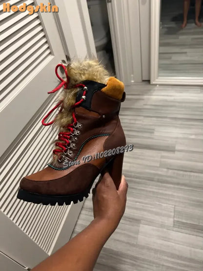Retro Faux Fur Ankle Boots Pointed Toe Patchwork Cross-tied High Heels Short Boots 2025 Autumn New Women's Fashion Casual Shoes